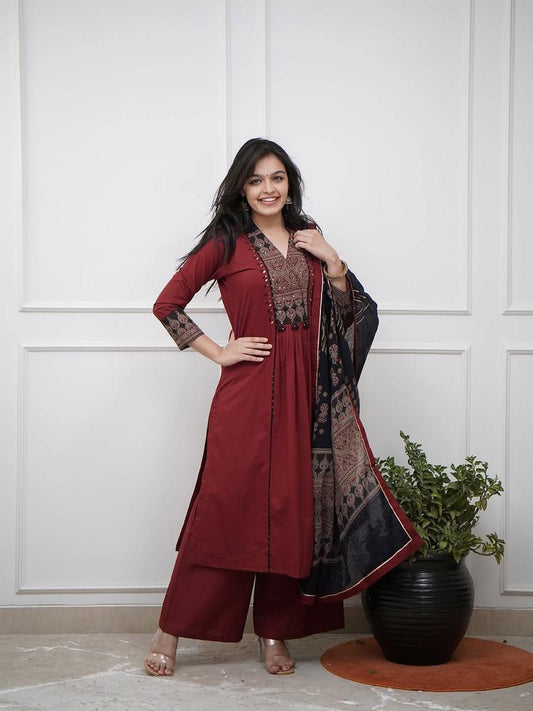 Maroon Ethnic Kurta Set with Printed Dupatta