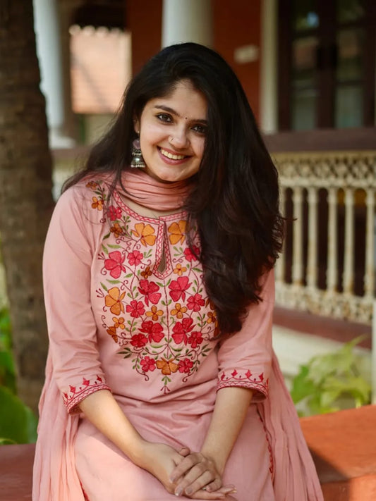Jaipur Rang Premium Pink Embroidered Cotton Kurta Pant Set with Dupatta