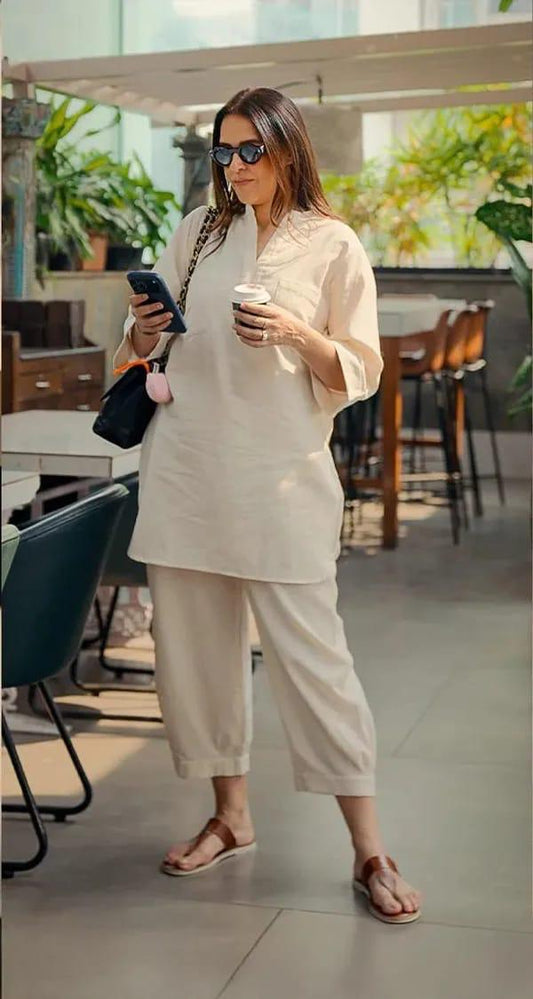 Beige Linen-Blend Casual Kurta and Tapered Pants Co-ord