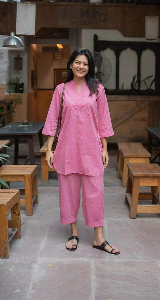 Women's Pink Cotton-Linen Co-ord Tunic & Trouser Set