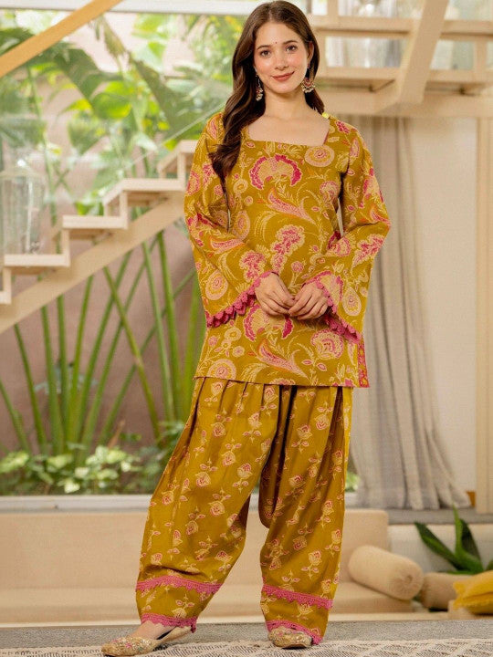 Women Flower Printed Regular Pure Cotton Kurta With Farshi Suit Set