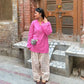 Pink Bloom Cotton Kurta with Printed Pants Set