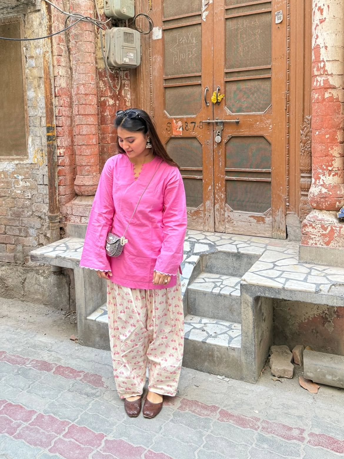 Pink Bloom Cotton Kurta with Printed Pants Set