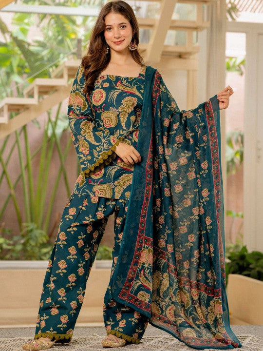 Women Flower Printed Regular Pure Cotton Kurta With Farshi Suit Set