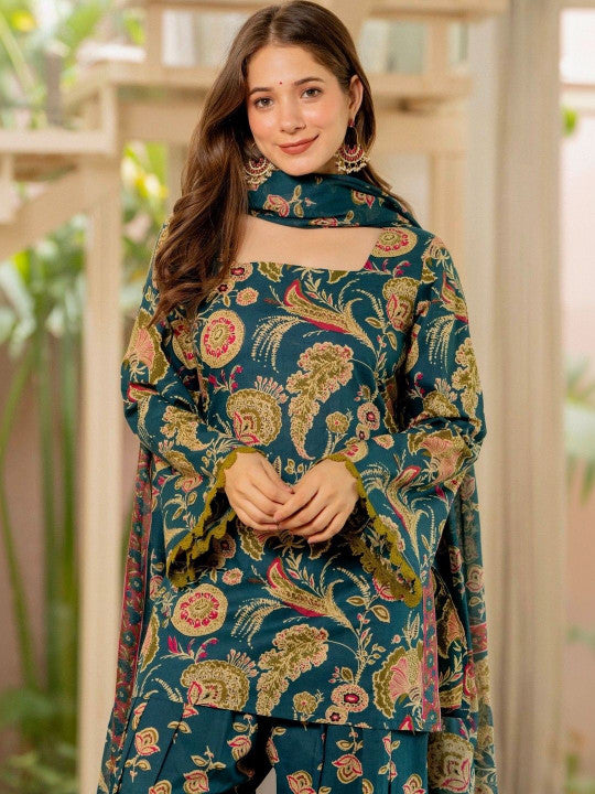 Women Flower Printed Regular Pure Cotton Kurta With Farshi Suit Set