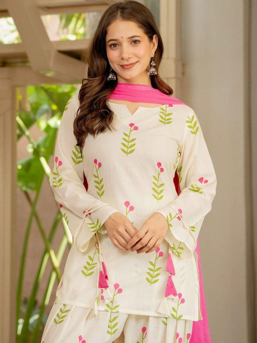 Iovry Pink Floral Printed Regular Pure Cotton Farshi Suit Set