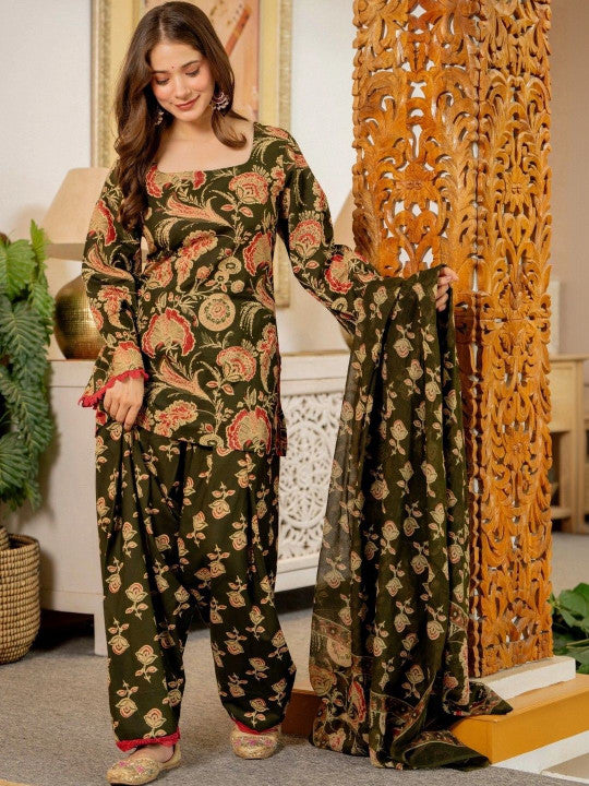 Women Flower Printed Regular Pure Cotton Kurta With Farshi Suit Set