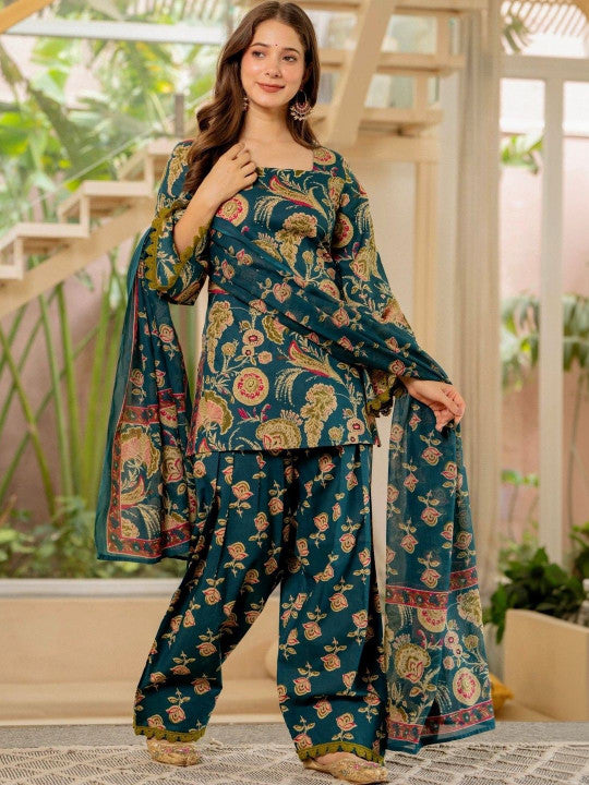 Women Flower Printed Regular Pure Cotton Kurta With Farshi Suit Set
