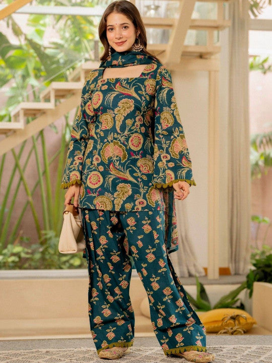 Women Flower Printed Regular Pure Cotton Kurta With Farshi Suit Set