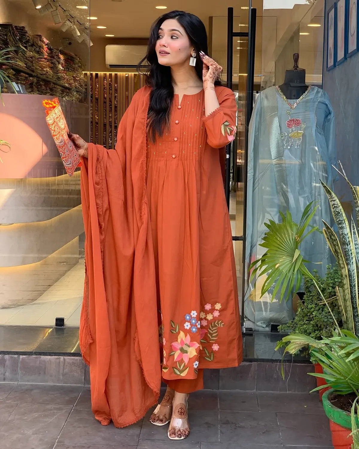 Orange Mul Cotton Kurti Set