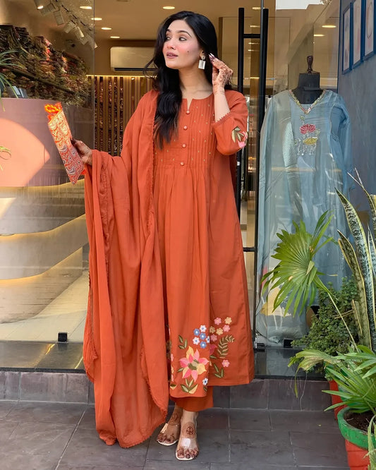 Orange Mul Cotton Kurti Set
