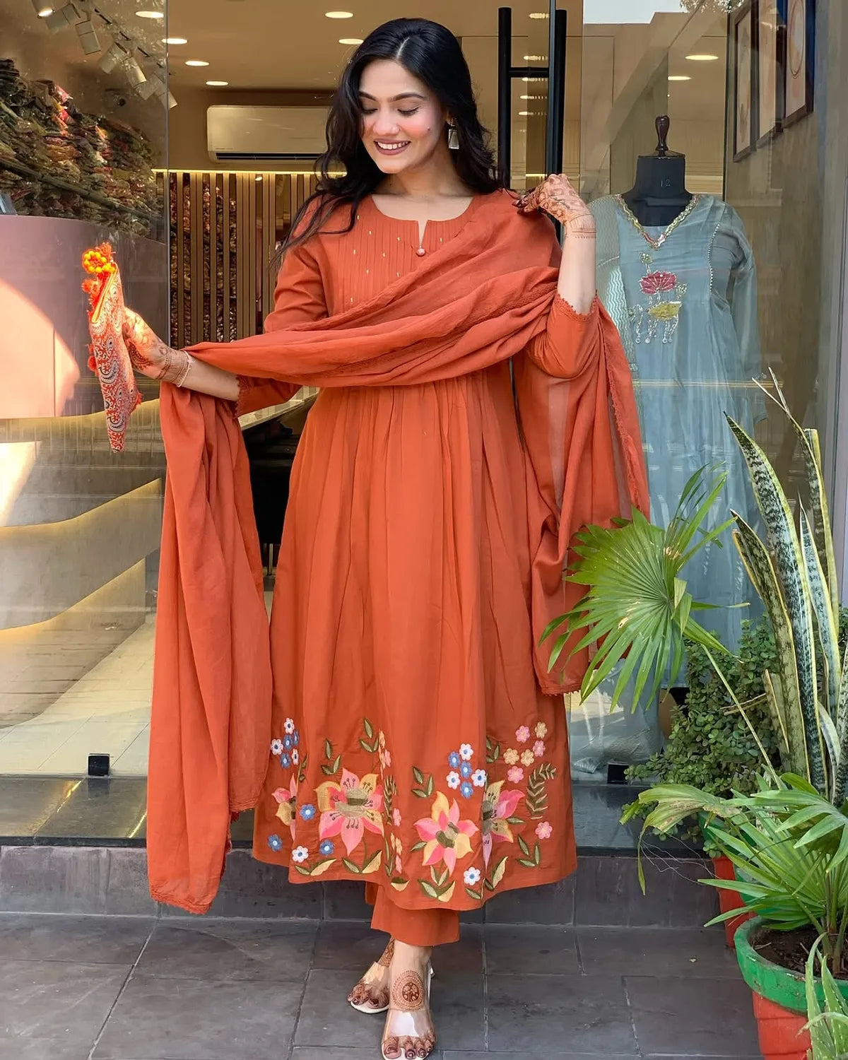 Orange Mul Cotton Kurti Set