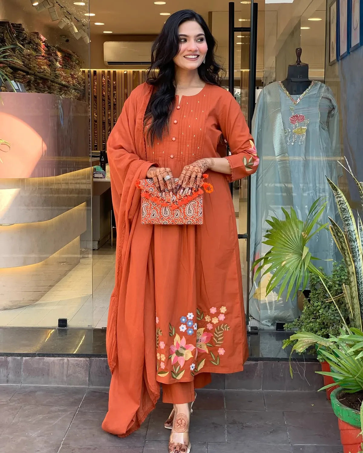 Orange Mul Cotton Kurti Set