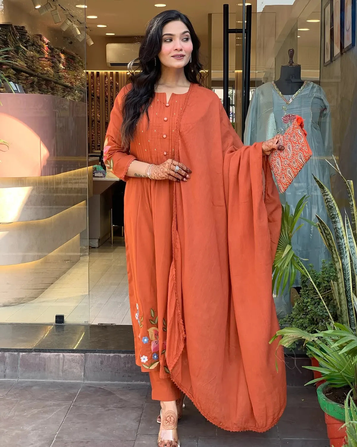 Orange Mul Cotton Kurti Set