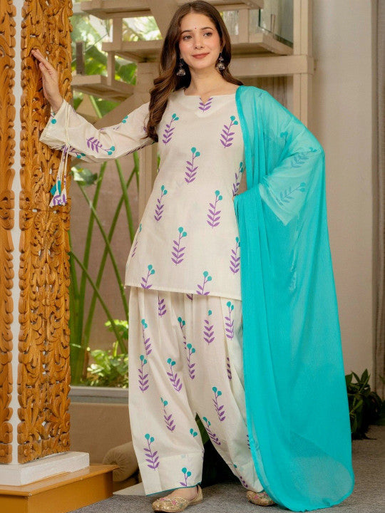 Ethnic Motifs Printed Regular Pure Cotton Kurti With Patiala & Duptta