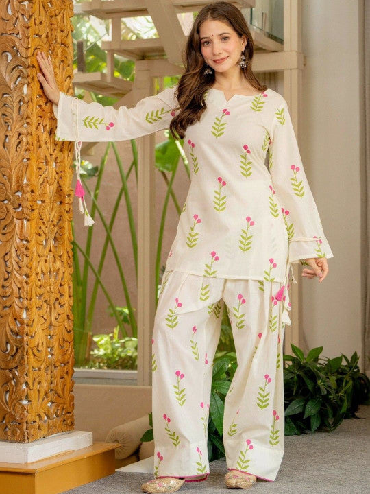 Iovry Pink Floral Printed Regular Pure Cotton Farshi Suit Set