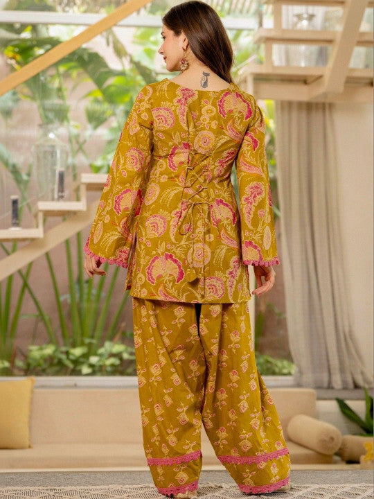 Women Flower Printed Regular Pure Cotton Kurta With Farshi Suit Set