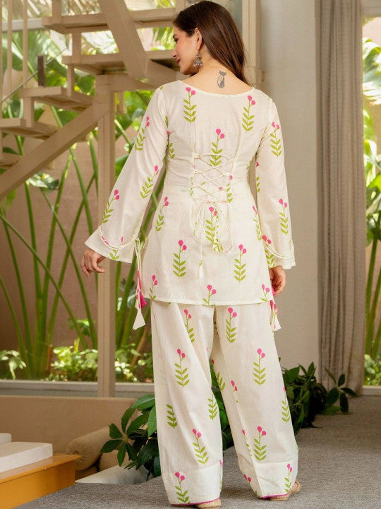 Iovry Pink Floral Printed Regular Pure Cotton Farshi Suit Set