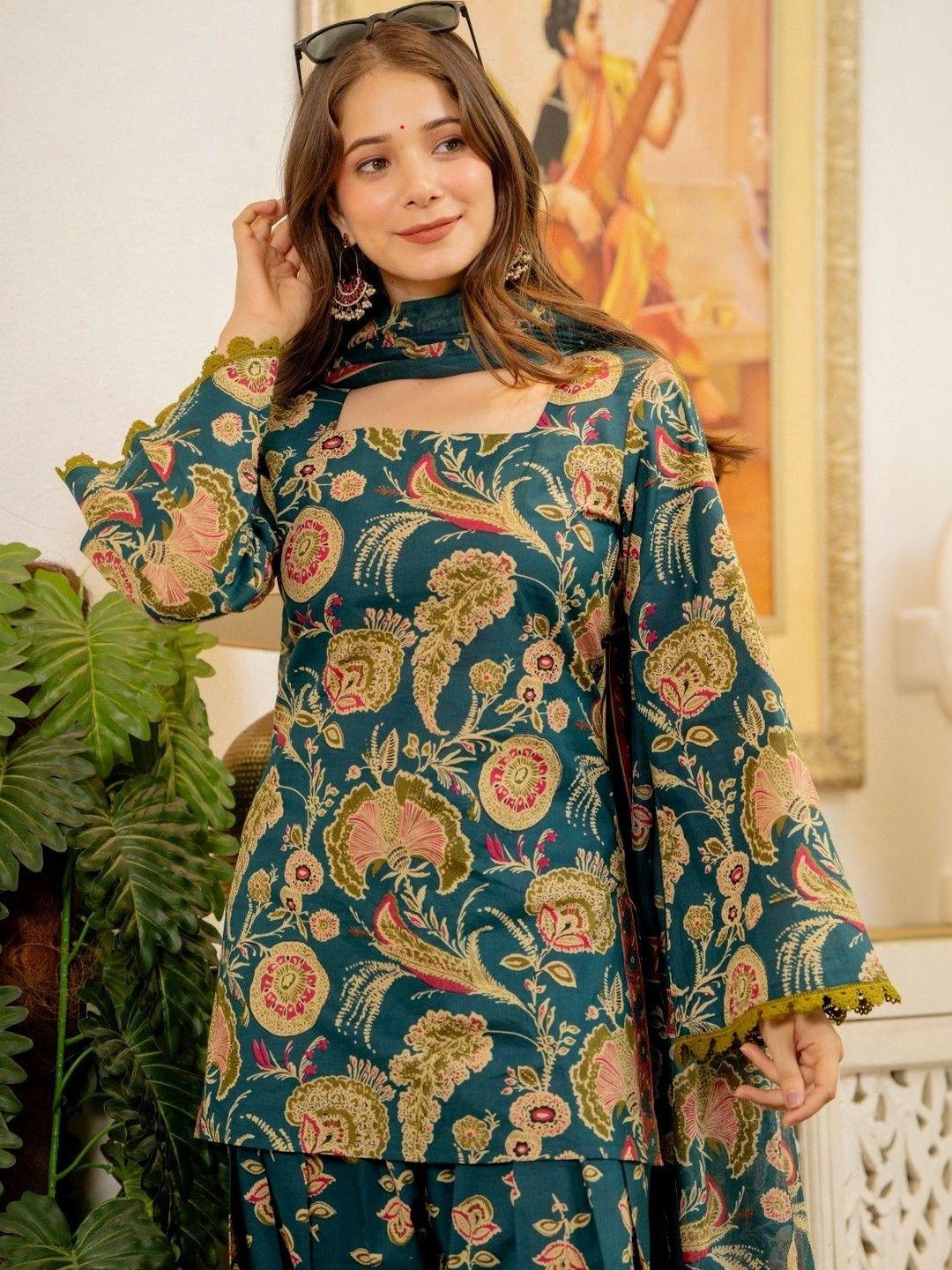 Women Flower Printed Regular Pure Cotton Kurta With Farshi Suit Set