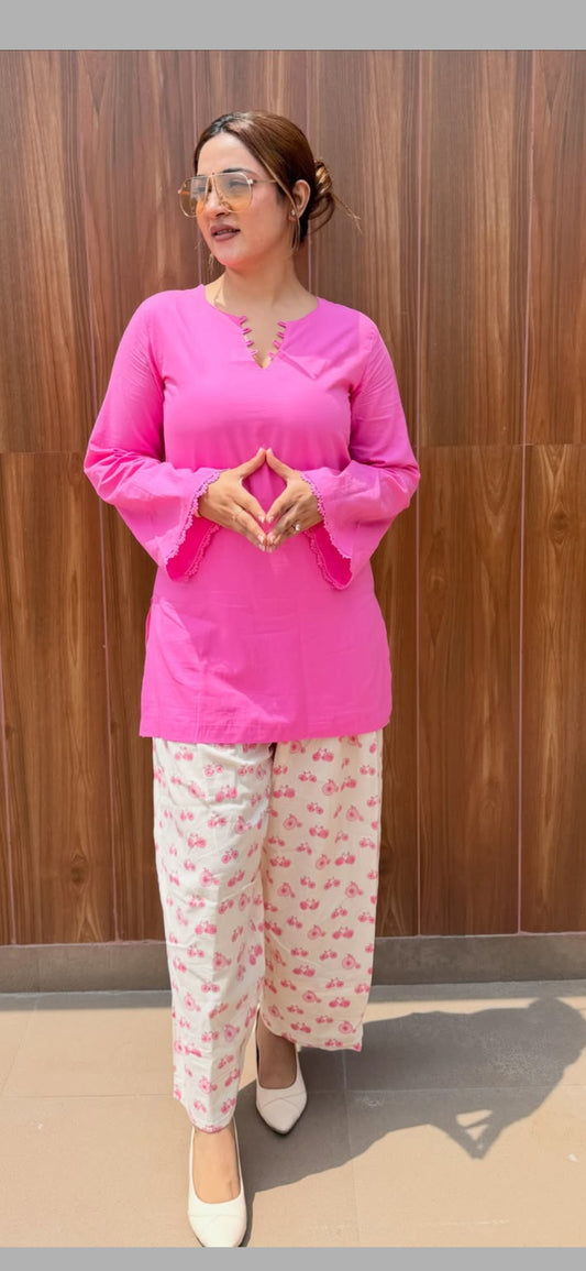Pink Bloom Cotton Kurta with Printed Pants Set