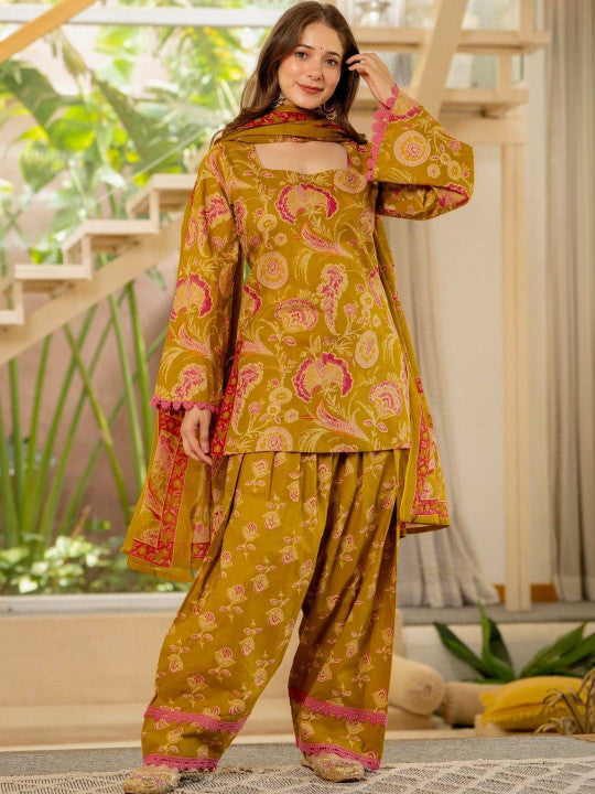 Women Flower Printed Regular Pure Cotton Kurta With Farshi Suit Set