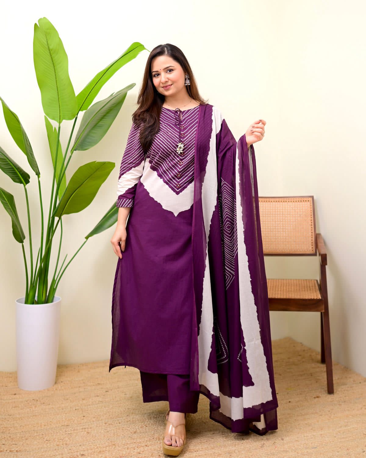 Purple Printed Kurta Pant Dupatta Set for Women