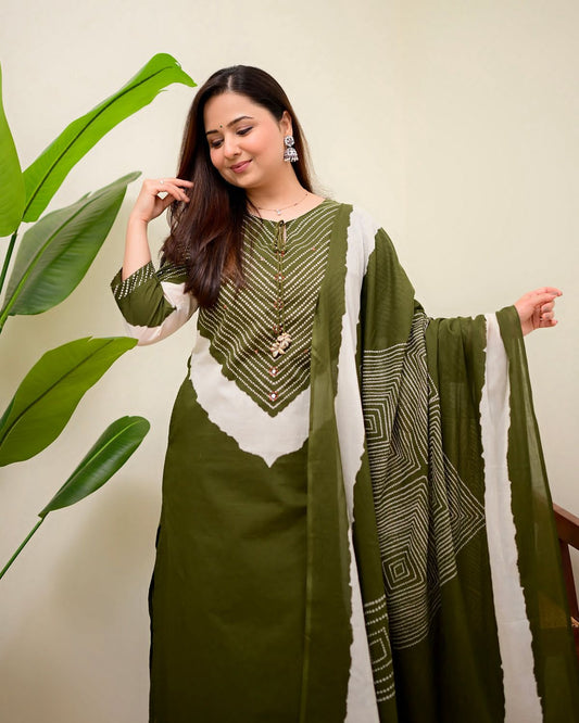 Green Printed Kurta Pant Dupatta Set