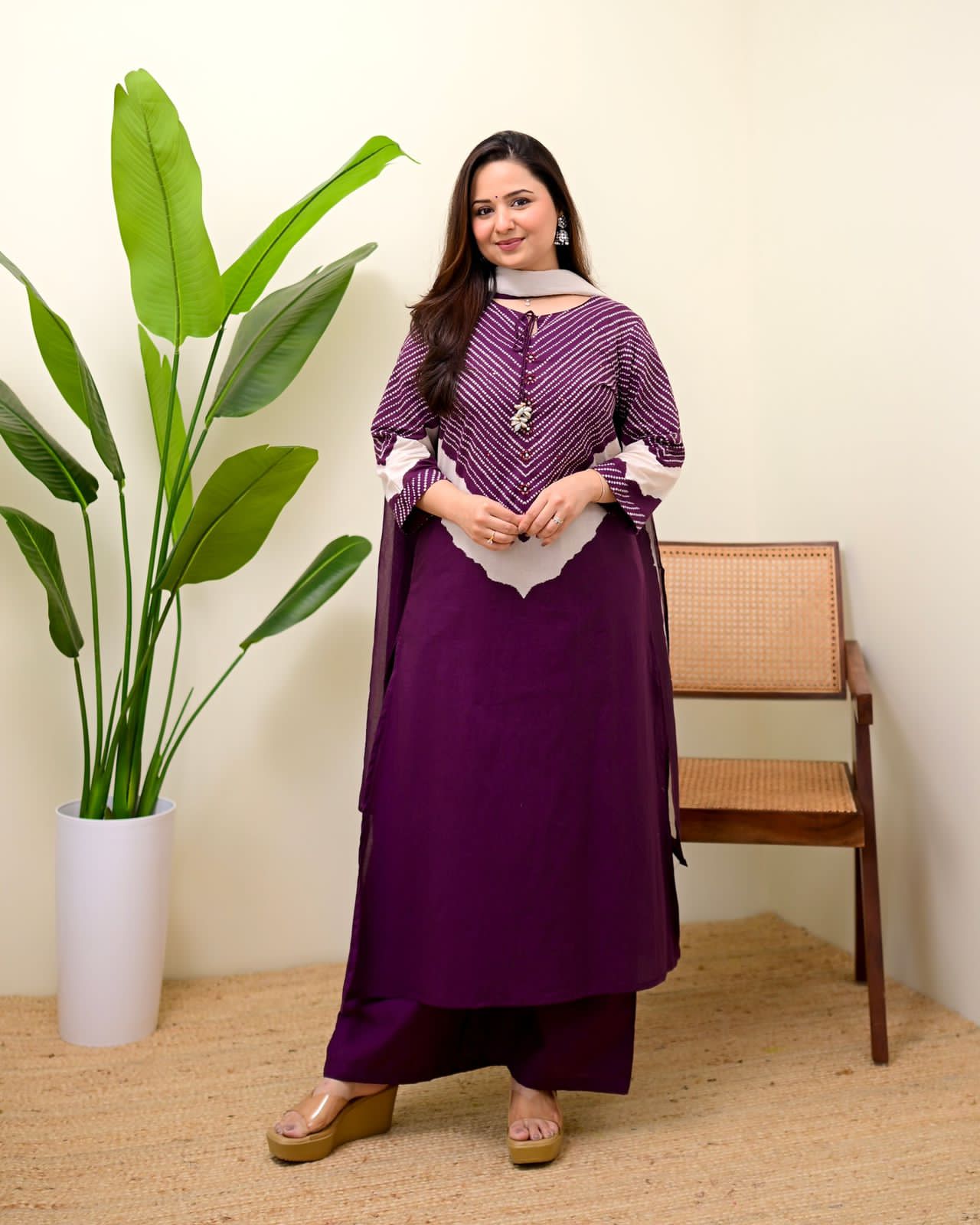 Purple Printed Kurta Pant Dupatta Set for Women