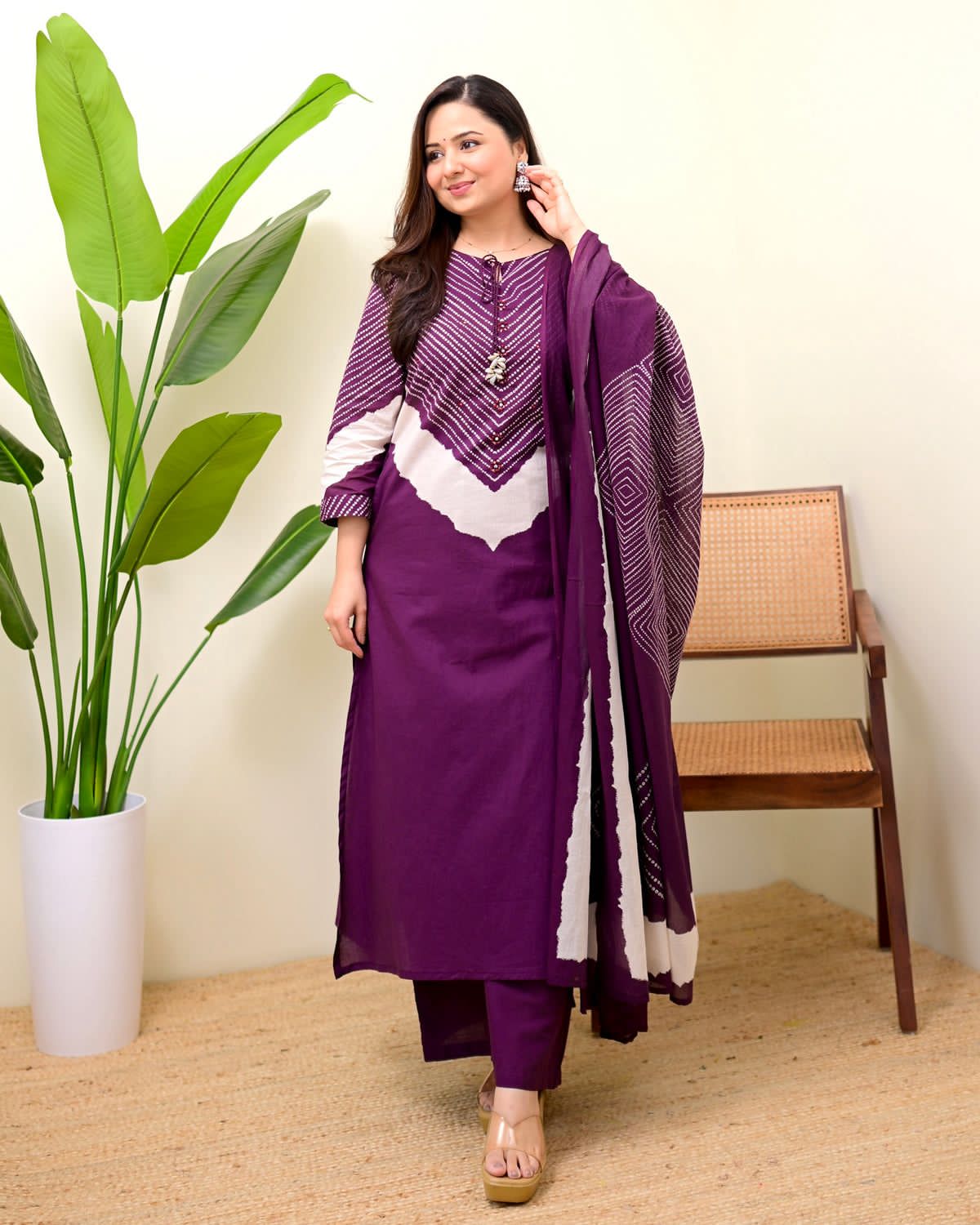 Purple Printed Kurta Pant Dupatta Set for Women