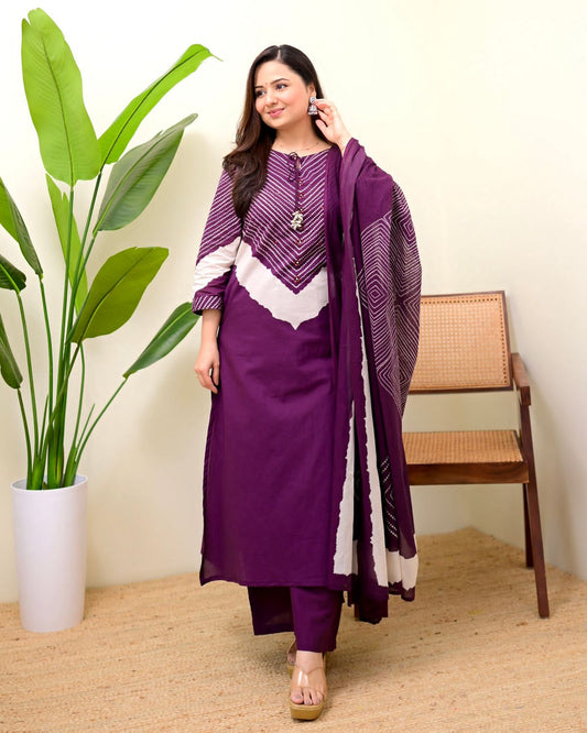 Purple Printed Kurta Pant Dupatta Set