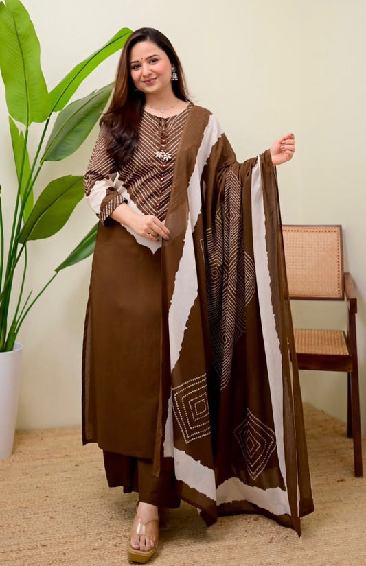Brown Printed Kurta Pant Dupatta Set