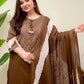 Brown Printed Kurta Pant Dupatta Set for Women