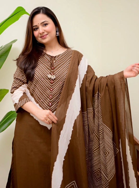 Brown Printed Kurta Pant Dupatta Set for Women