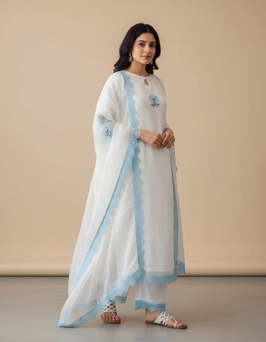 White Embroidered Kurta Pant Dupatta Set