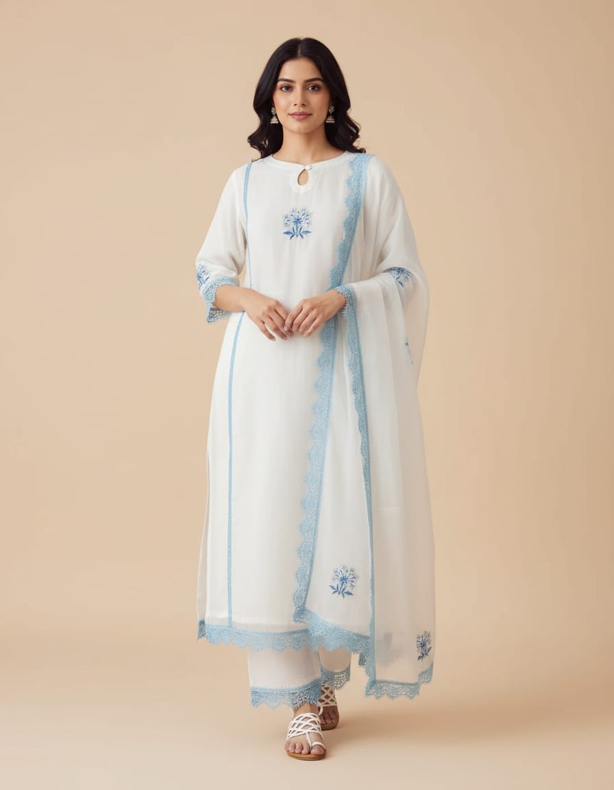 White Embroidered Kurta Pant Dupatta Set