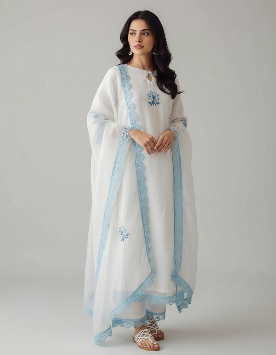 White Embroidered Kurta Pant Dupatta Set