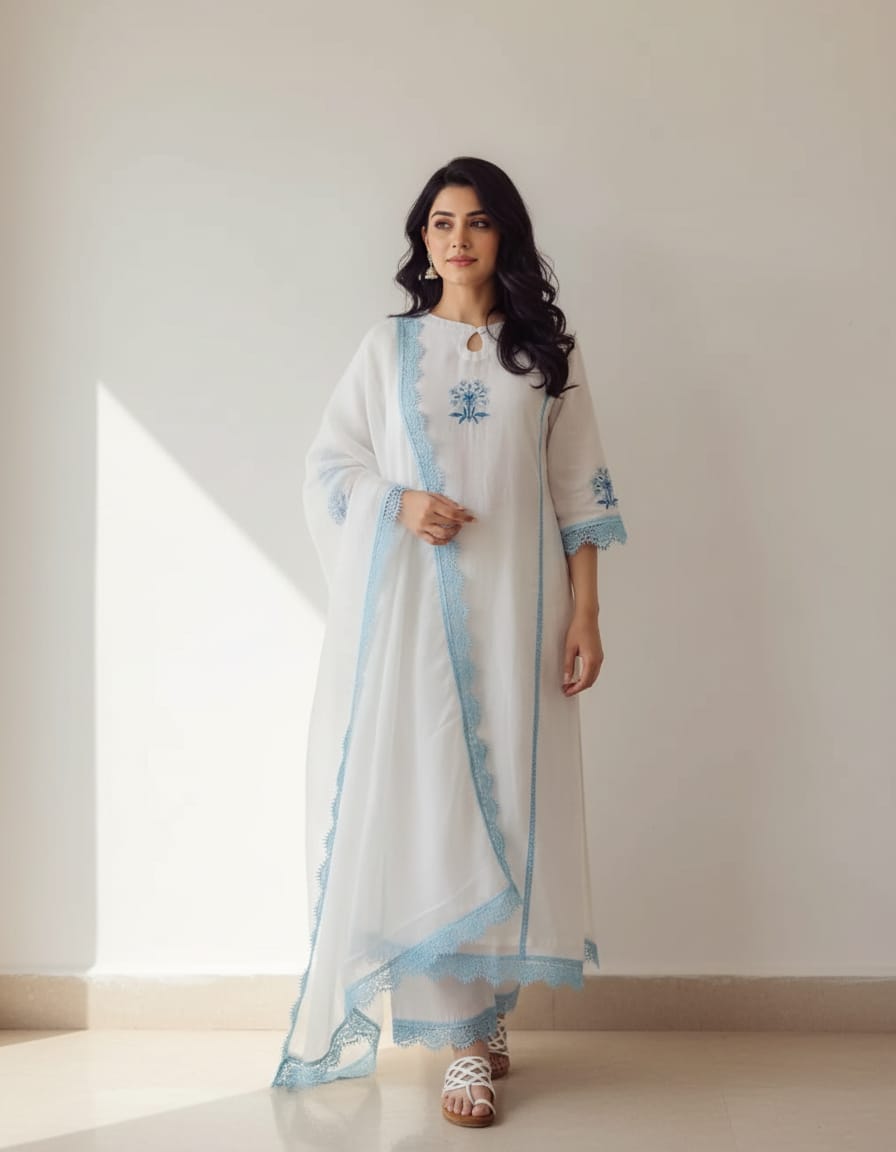 White Embroidered Kurta Pant Dupatta Set
