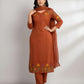 Rust Orange Embroidered Kurta Pant Set for Women