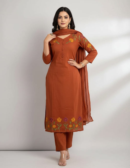 Rust Orange Embroidered Kurta Pant Set