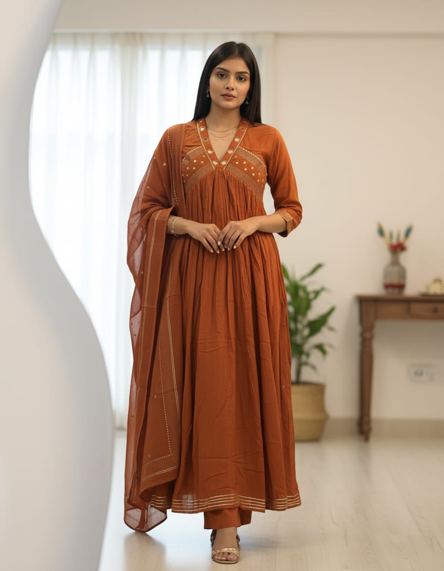 Rust Orange Embroidered Kurta Pant Set for Women