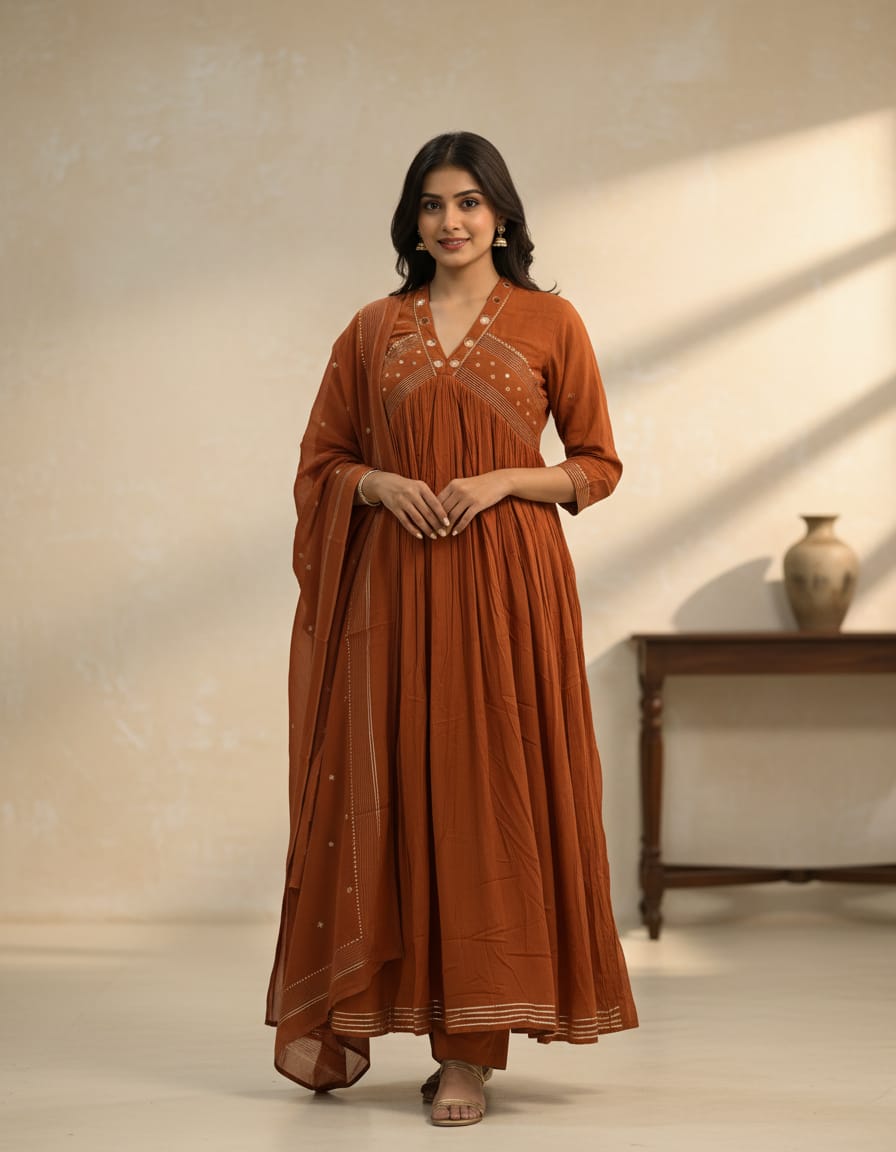 Rust Orange Embroidered Kurta Pant Set for Women