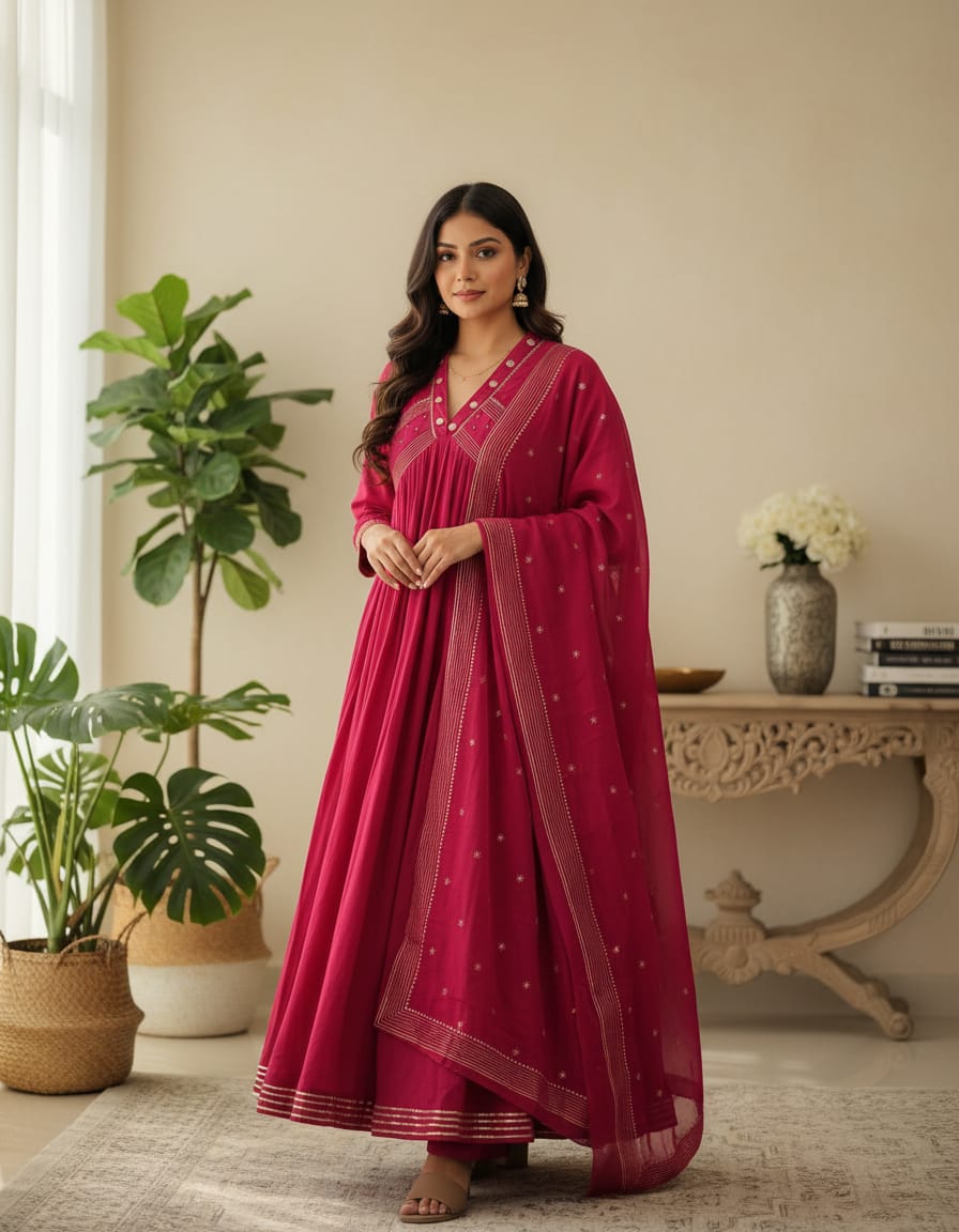 Rani Pink Anarkali Suit with Dupatta for Women