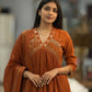 Rust Orange Embroidered Kurta Pant Set for Women