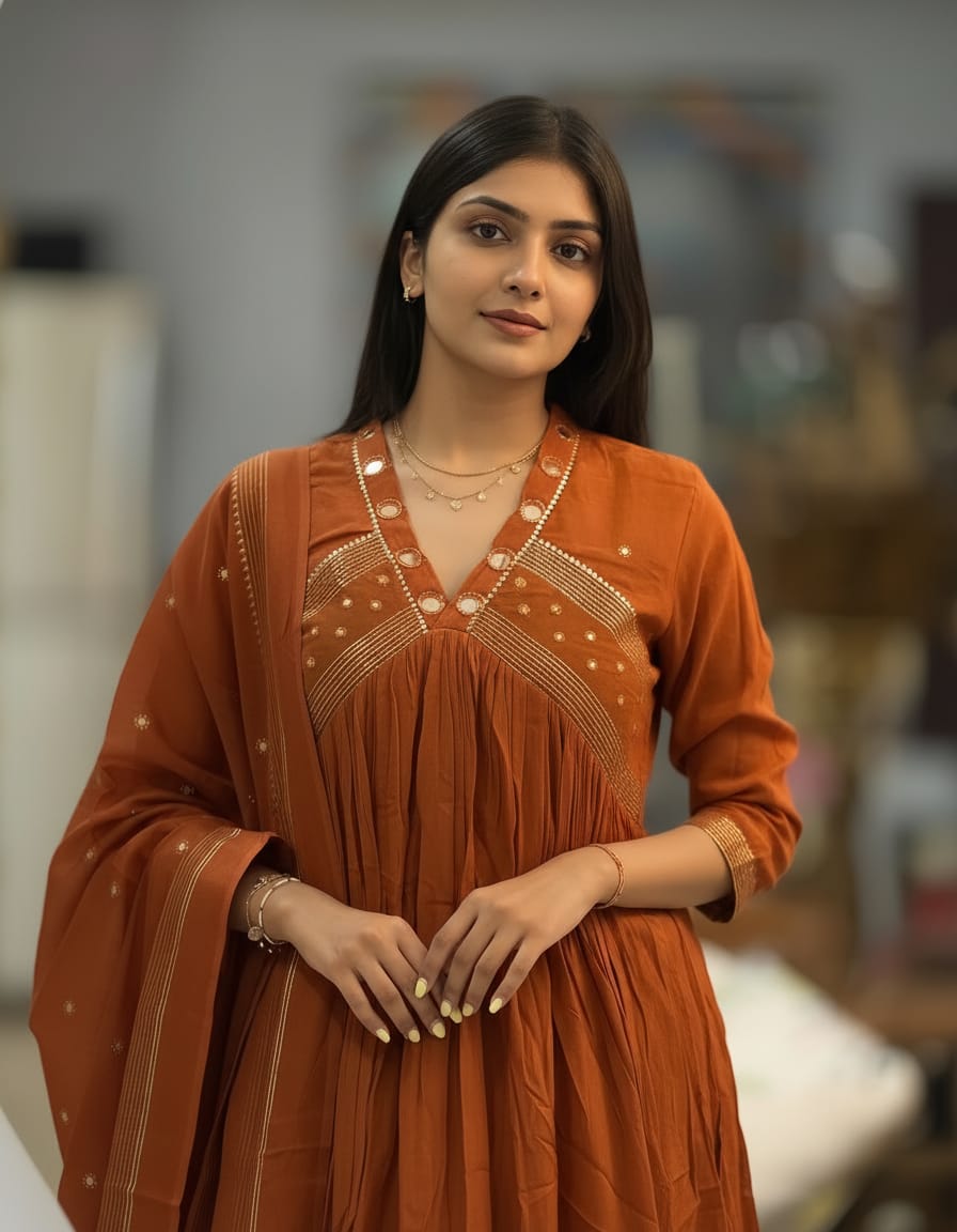 Rust Orange Embroidered Kurta Pant Set for Women