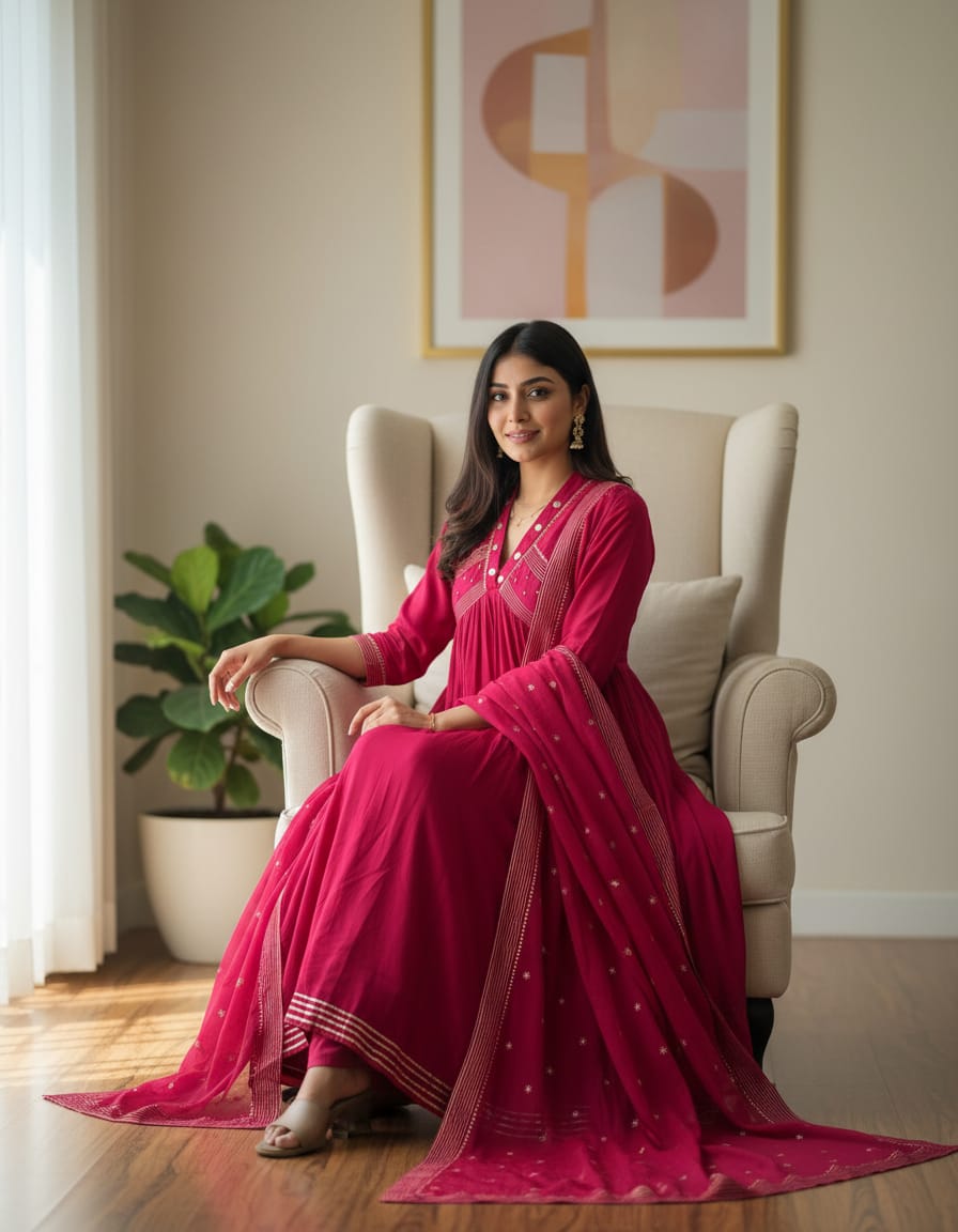 Rani Pink Anarkali Suit with Dupatta for Women