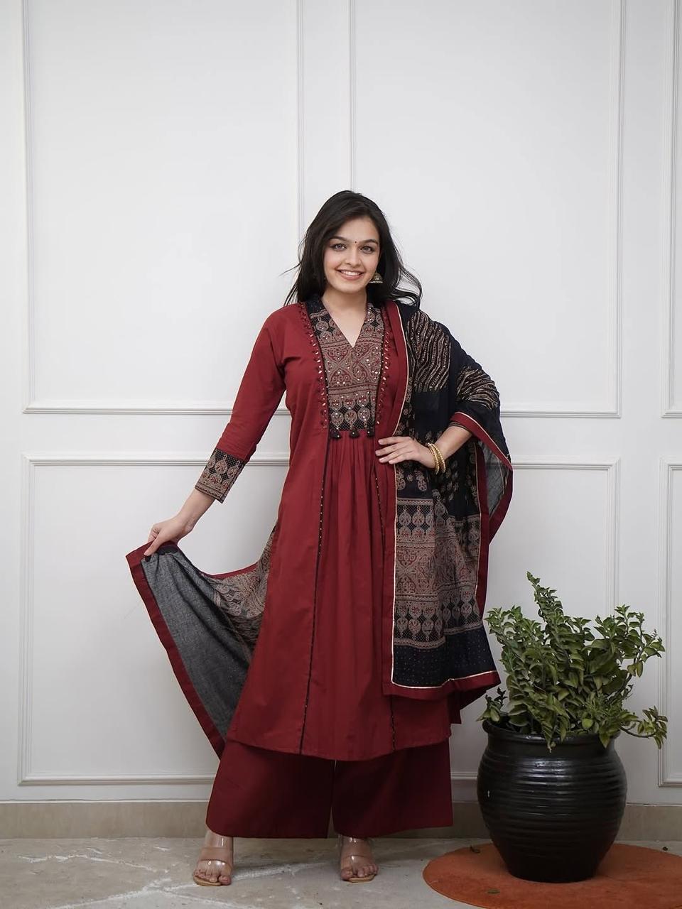 Maroon Ethnic Kurta Set with Printed Dupatta