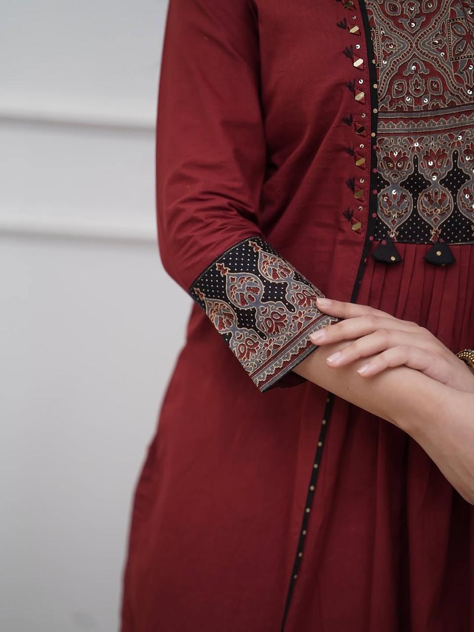 Maroon Ethnic Kurta Set with Printed Dupatta