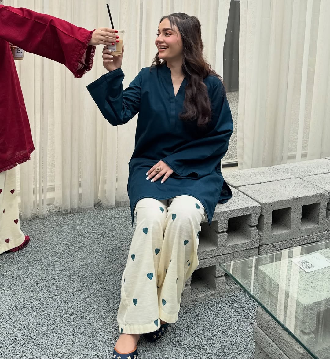 Teal Blue Co-ords Set for Women with Heart Print Pants