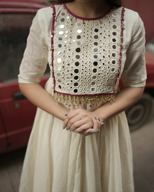 Women Cream Anarkali Kurta Set