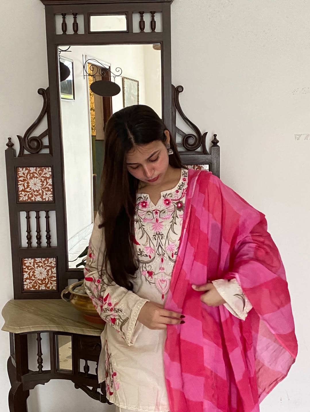 Jaipur Rang Premium White Floral Embroidered Cotton Kurta Pant Set with Dupatta